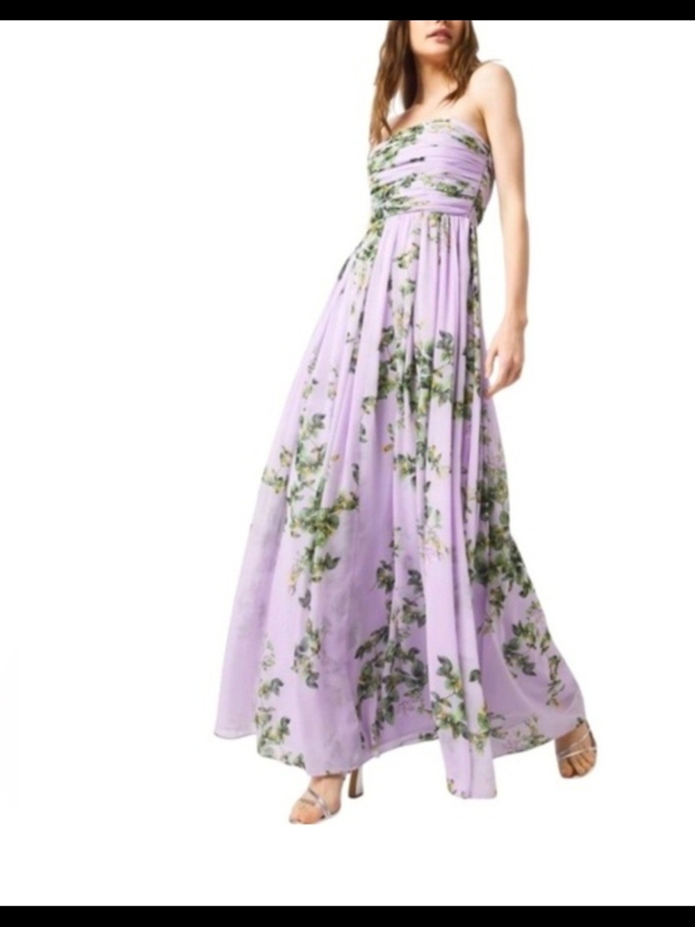 White House Black Market Lavender Strapless Floral Maxi Chiffon Dress WORE ONCE